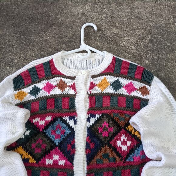 Vintage Cardigan Sweater Womens M White Cottage Button Up Fair Isle Argyle - Picture 2 of 7